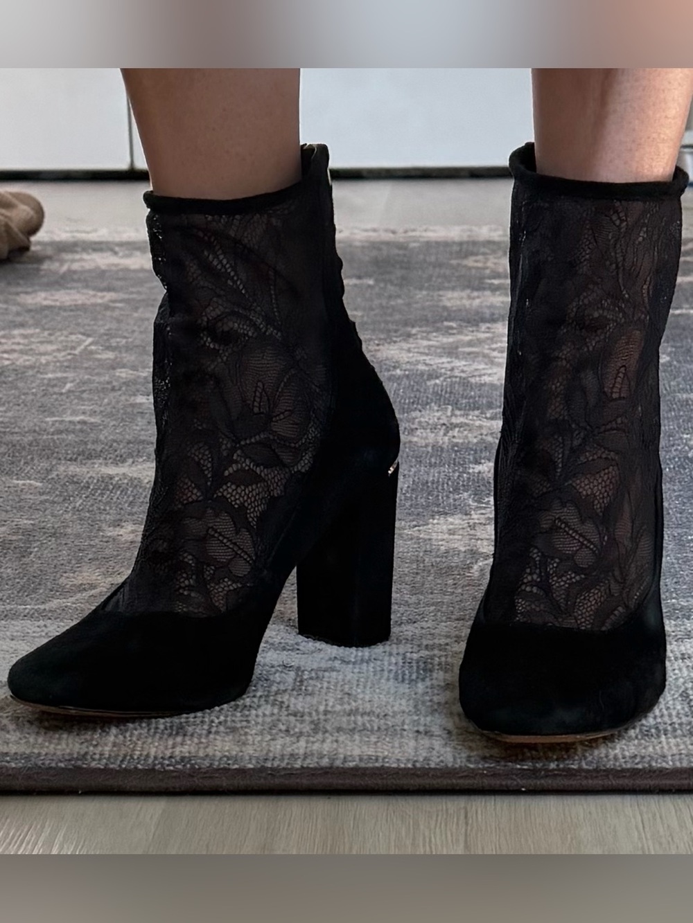 Pour La Victoire Black Lace Sock Block Heels
